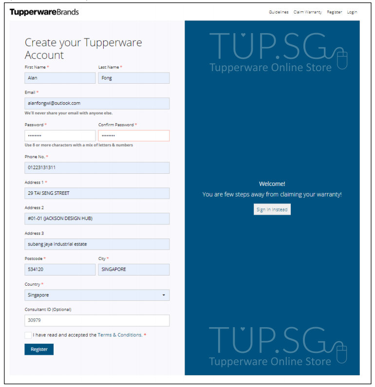 Tupperware Singapore Warranty Claim Form